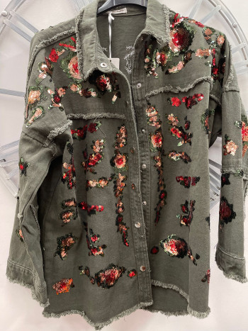 VESTE JEANS SEQUINS DE FLEURS